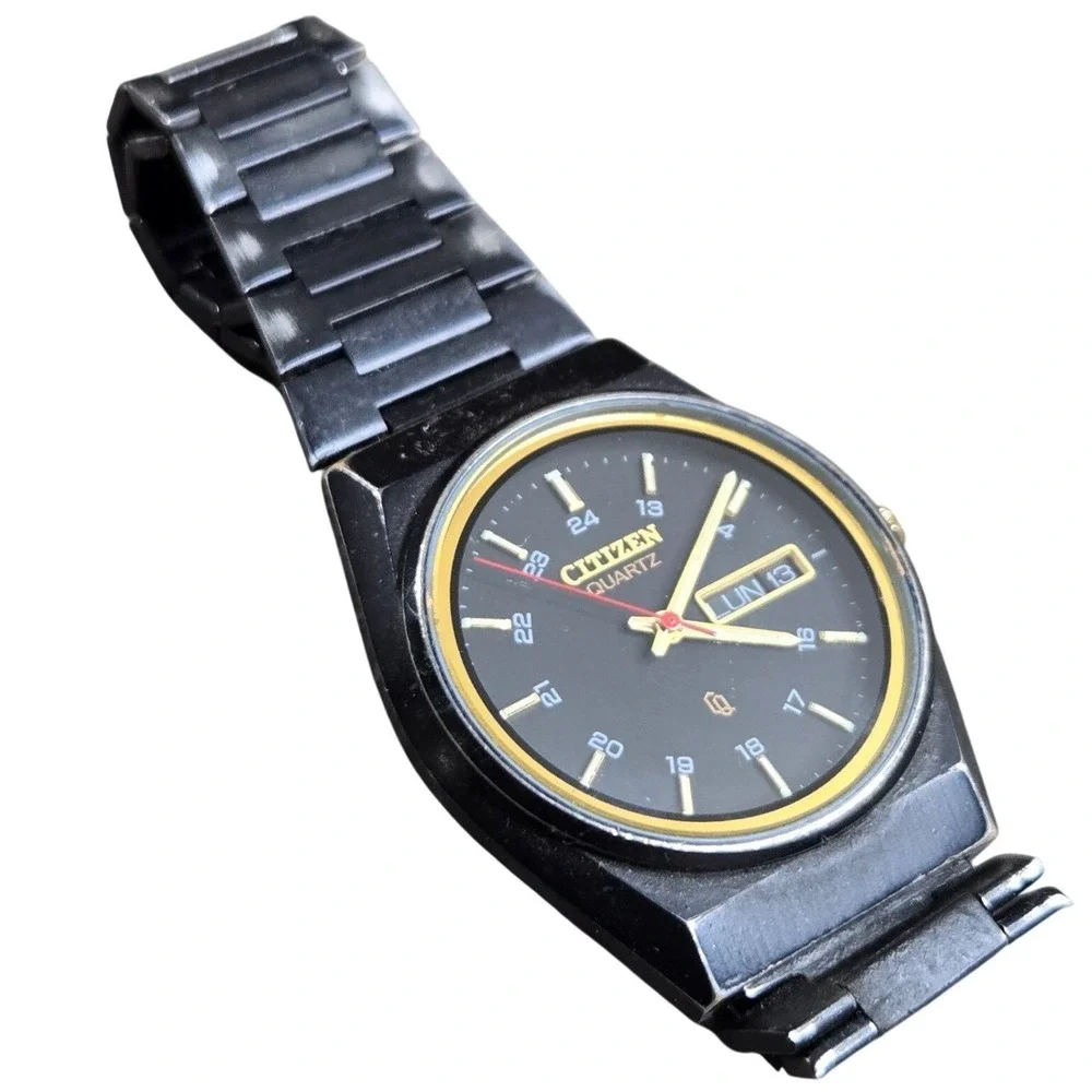 Citizen 6101-S05413 Quartz Watch Mens Black Gold Day Date Vintage Tested